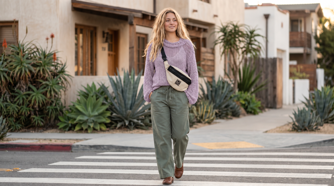 Tora Loose Sweater #141 in lilac, worn with green trousers on a sunny street