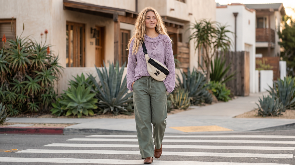 Tora Loose Sweater #141 in lilac, worn with green trousers on a sunny street