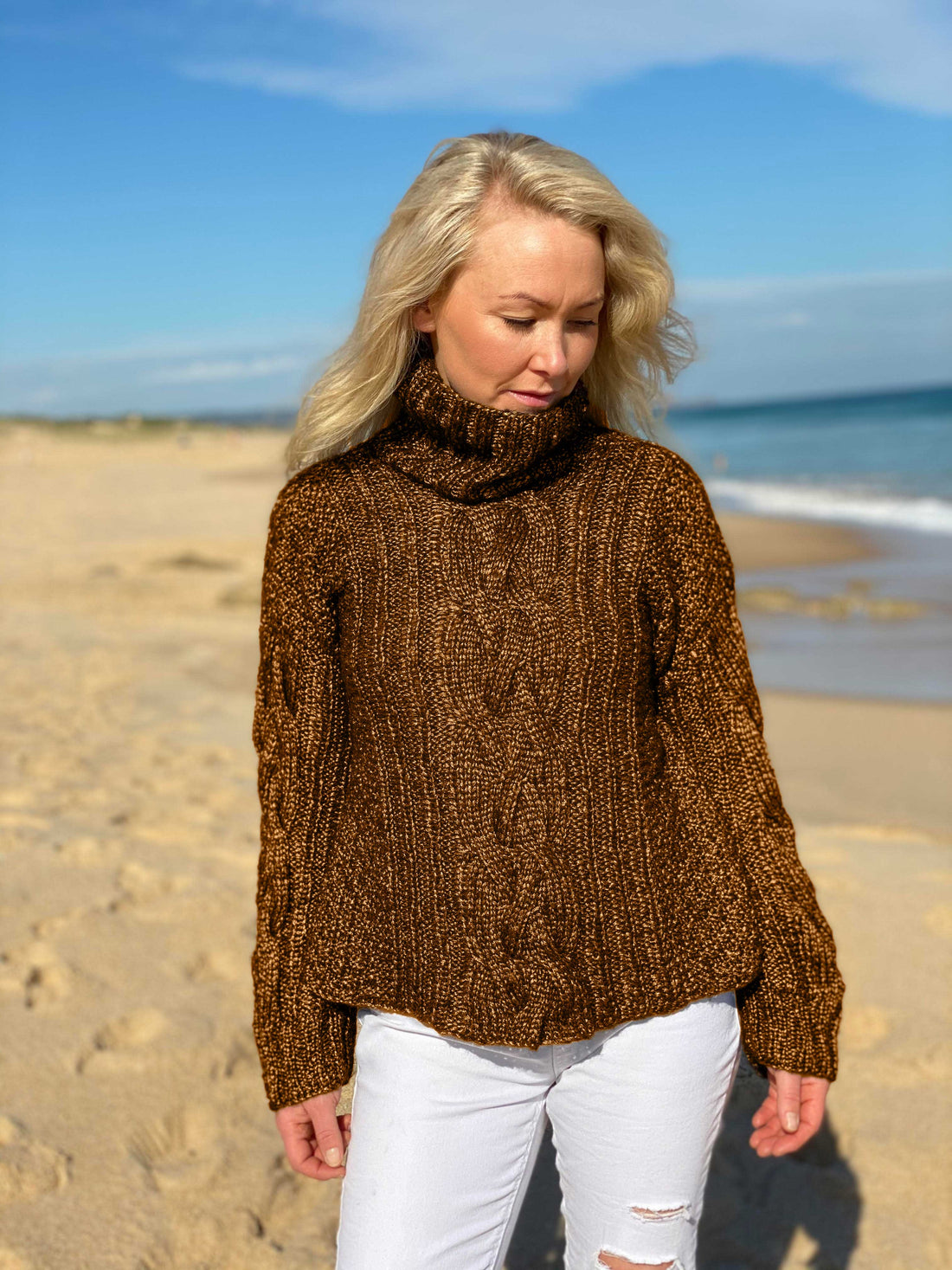 The Hedda Cable Roll Neck #150 in Scandi Wool Toffee, showing the cable panel