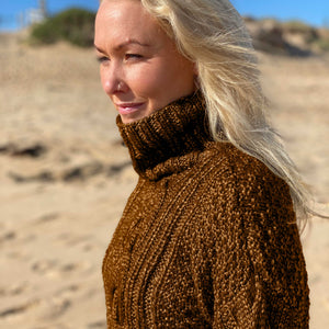 The Hedda Cable Roll Neck #150 knitted in Scandi Wool Toffee, side view