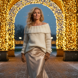 Woman wearing the Off Shoulder sweater #160 in ecru with a champagne satin skirt