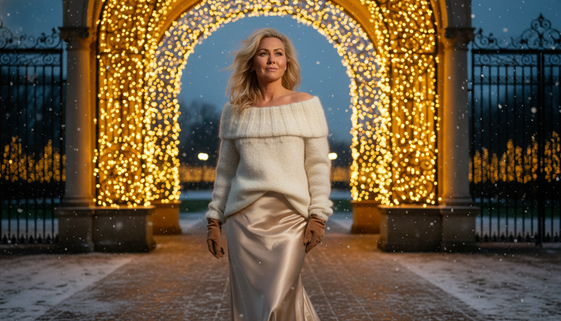 Woman wearing the Off Shoulder sweater #160 in ecru with a champagne satin skirt