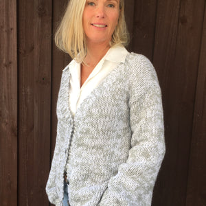 Scandi Cardigan #176 knitted in white and grey marl Eco Cotton, image 1