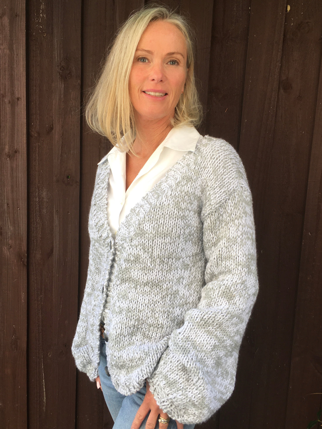 Scandi Cardigan #176 knitted in white and grey marl Eco Cotton, image 1