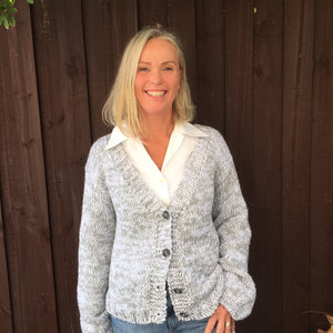 Scandi Cardigan #176 knitted in white and grey marl Eco Cotton, image 3