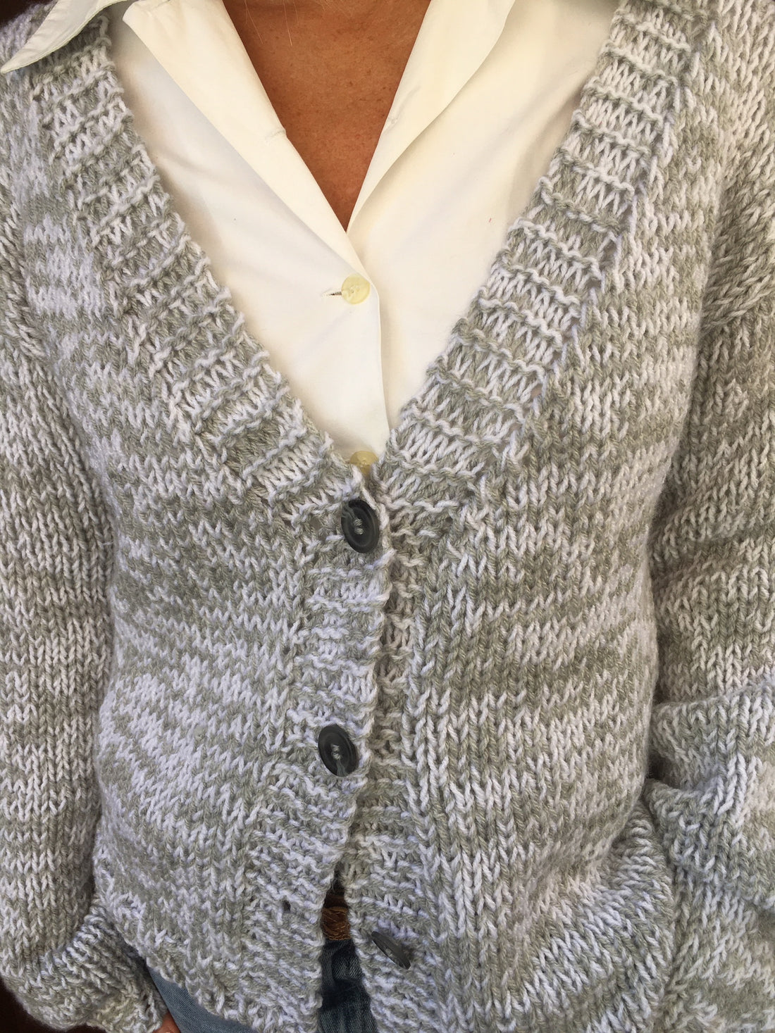 Scandi Cardigan #176 knitted in white and grey marl Eco Cotton, image 2
