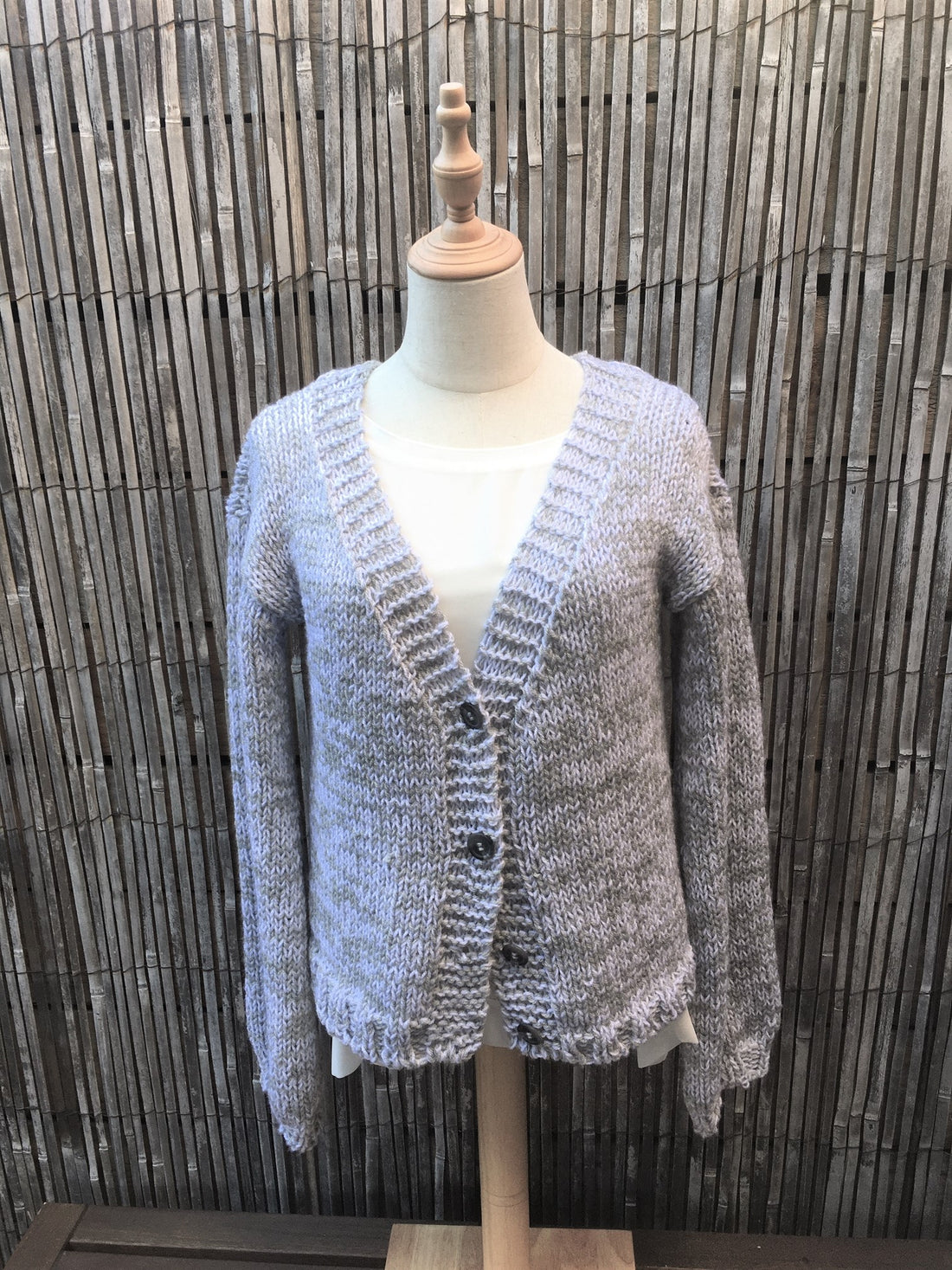Scandi Cardigan #176 knitted in white and grey marl Eco Cotton, image 5