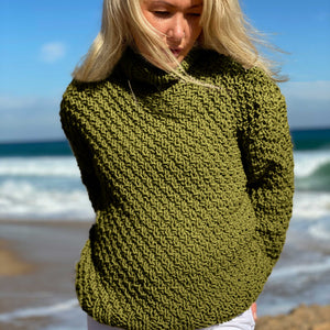 Close view of the folded roll neck collar on the Classic Roll Neck sweater #185 in olive