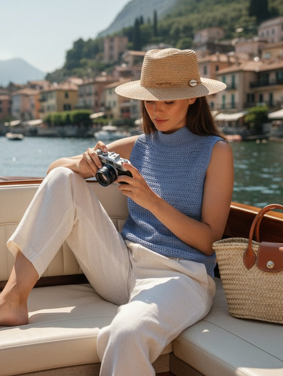 Woman in a straw hat wearing the Crochet Top #190 in sky blue