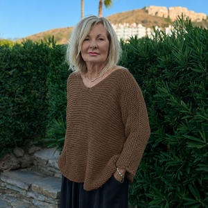 Vilja sweater #301 in hazelnut, a chunky cotton V-neck in garter stitch