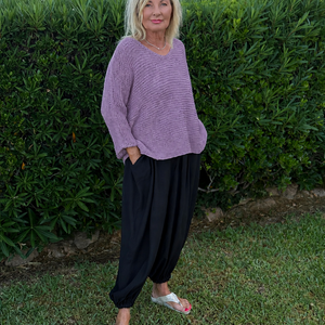 Vilja sweater #301 in lilac, an easy garter stitch V-neck in Scandi Cotton XL