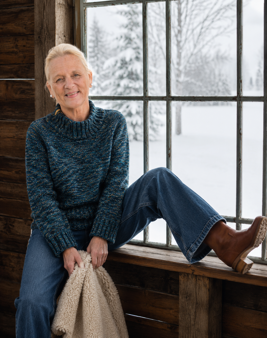 Nova Basic Sweater #304 in turquoise Snö, worn with wide jeans by a snowy window