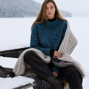 Nova Basic Sweater #304 in turquoise, worn with a blanket in the snow