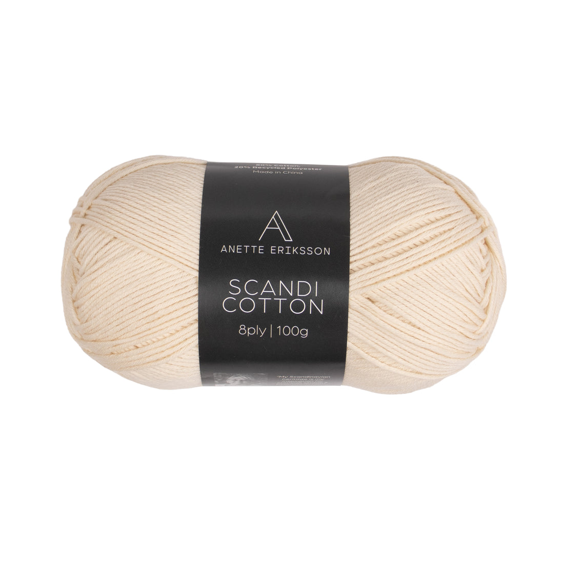 A ball of Anette Eriksson Scandi Cotton in ecru, the yarn the Bubble Vest #169 is knitted in