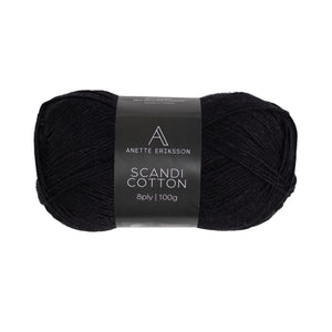 A ball of Anette Eriksson Scandi Cotton in black, an alternative shade for the Bubble Vest #169