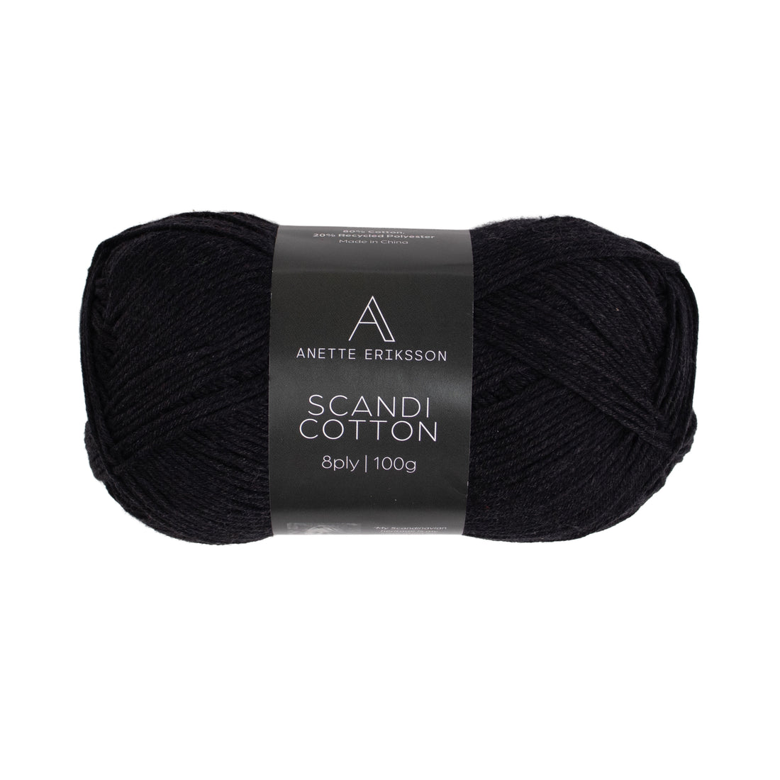 A ball of Anette Eriksson Scandi Cotton in black, an alternative shade for the Bubble Vest #169