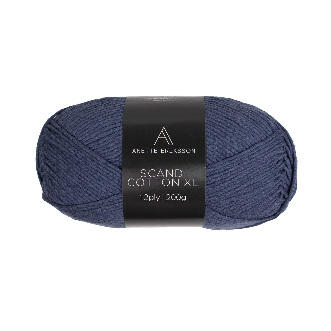 A ball of Scandi Cotton XL in denim, the stripe colour of the Svala Striped Sweater #182
