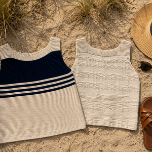 Flat lay of the Frida Reversible Top #179 showing both sides, navy stripes and ecru texture