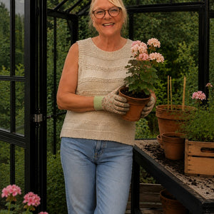 Frida Top #179 worn textured side out with jeans in a greenhouse