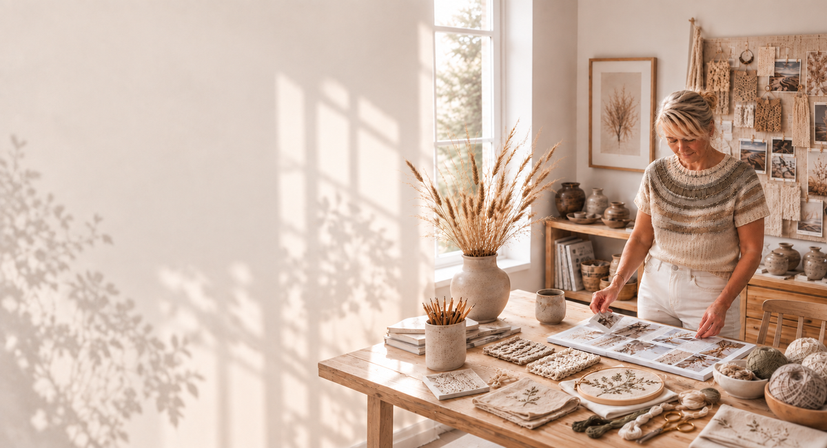Anette Eriksson stands at a wooden table in a sunlit craft studio, arranging paper and small decorative items. The room has warm neutral tones, a large window with leaf shadows, shelves, and dried grass in a vase.