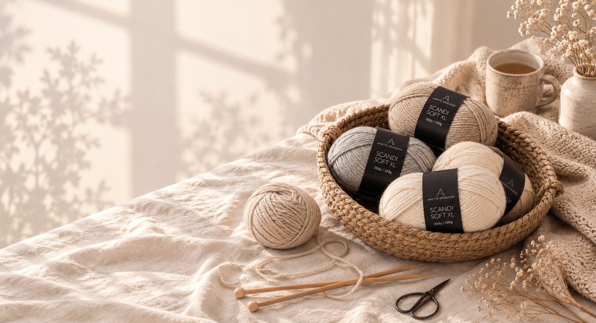 Several skeins of yarn in neutral tones arranged in a woven basket on a draped cream textile, with knitting needles, scissors, a mug, and dried flowers in a softly lit interior scene.
