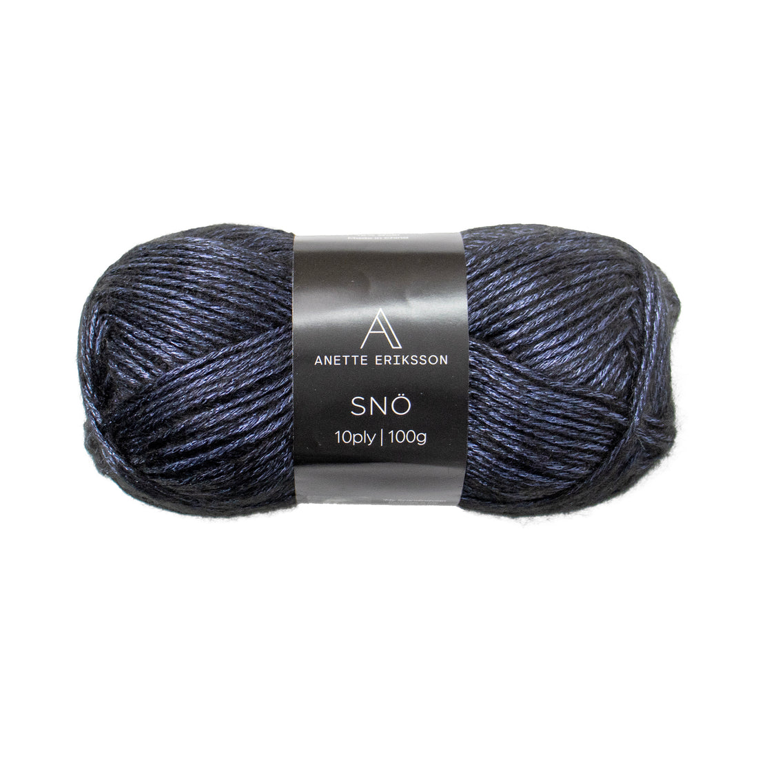 A ball of Anette Eriksson Snö yarn in Marina, a navy shimmering wool blend