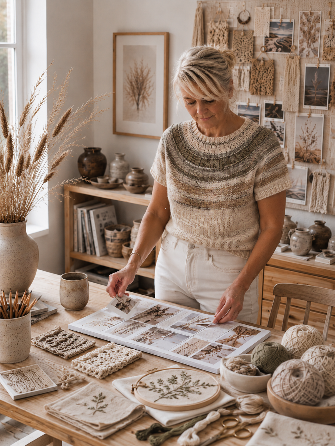 Anette Eriksson stands in a cozy craft room, looking at a board filled with textile samples. She is wearing a cream and taupe striped knit top and white pants.