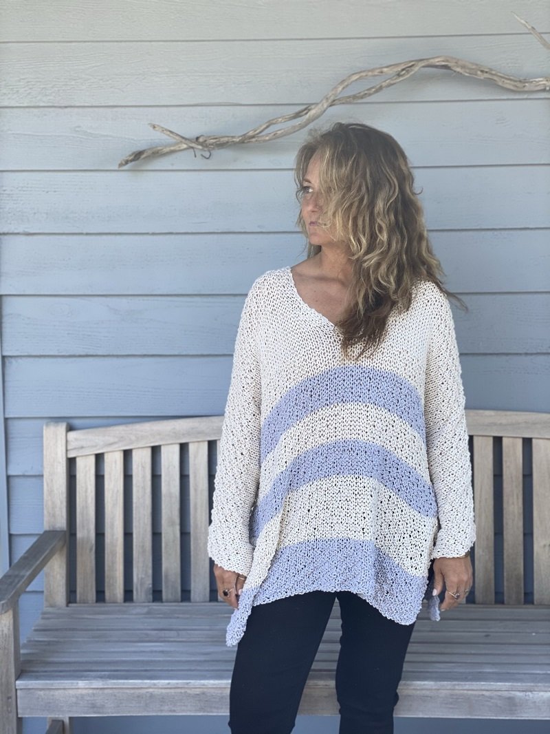 Back view of the Serenity two-colour sweater #166 in white with pale blue stripes