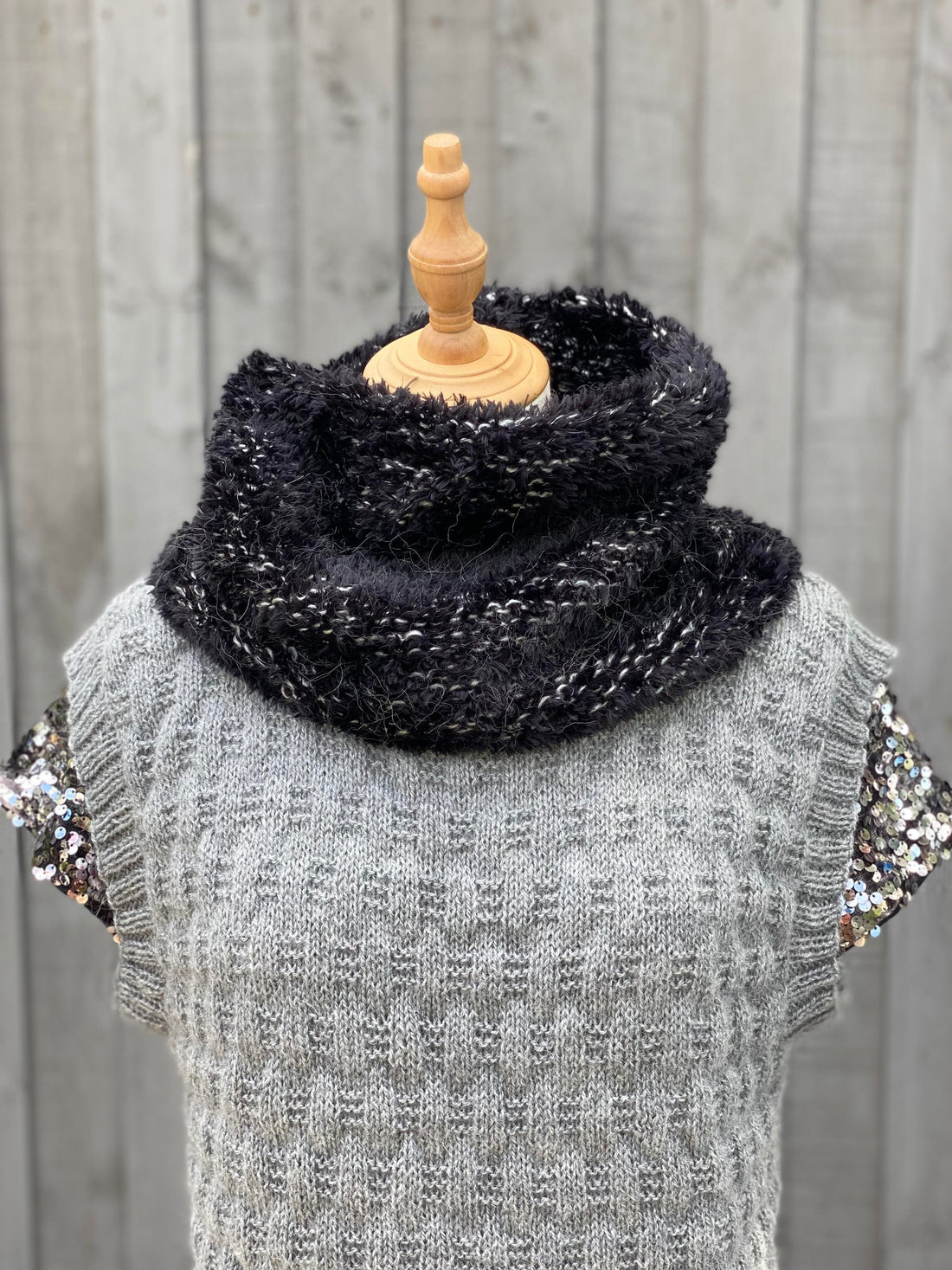Neck Warmer #163 knitted in black Faux Fur and cream Scandi Soft