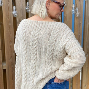 Back view of the Elisabeth cable jumper #113 in ecru