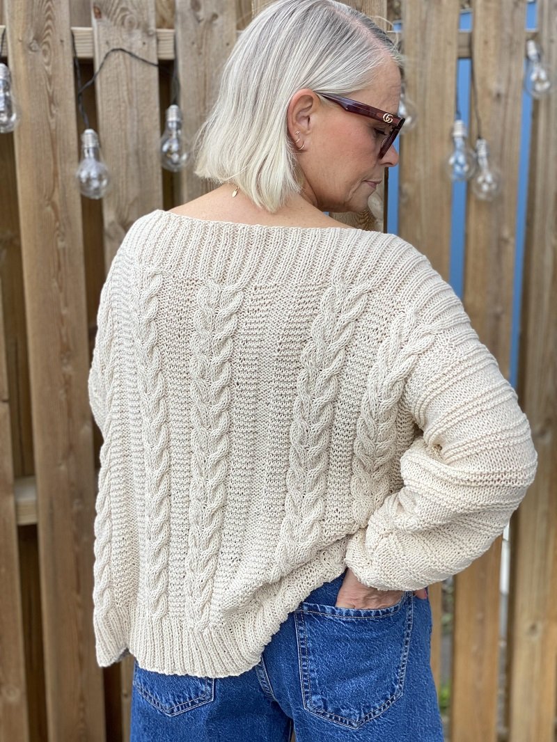 Back view of the Elisabeth cable jumper #113 in ecru
