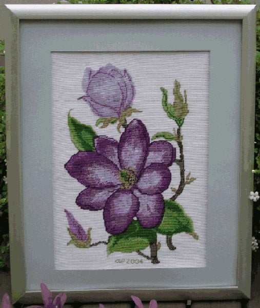 Korsstygnskit, MAGNOLIA, broderimönster, nålspets, korsstygn, anette eriksson, nålspetshantverk, skandinaviskt, svenska, blommor